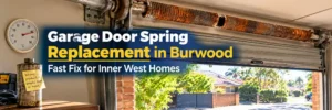Broken rusted garage door torsion spring inside a residential garage in Burwood, Sydney, highlighting the need for professional spring replacement.
