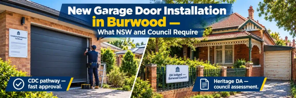 New garage door installation at a modern Burwood home compared with a heritage Federation-style property requiring planning consideration.