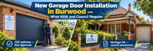 New garage door installation at a modern Burwood home compared with a heritage Federation-style property requiring planning consideration.
