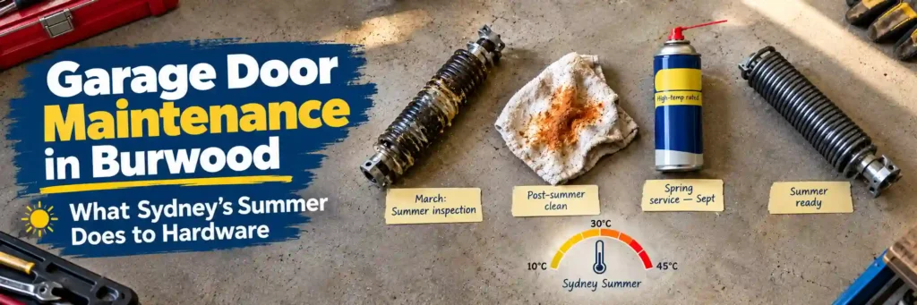 Garage door maintenance in Burwood showing a corroded torsion spring, rust-stained cleaning cloth, high-temperature lubricant and clean garage door spring.