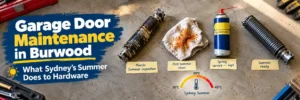 Garage door maintenance in Burwood showing a corroded torsion spring, rust-stained cleaning cloth, high-temperature lubricant and clean garage door spring.