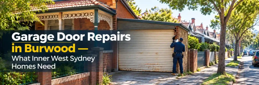 Garage door repair technician inspecting a rusty roller door guide bracket at a Federation-style brick home in Burwood, Sydney.