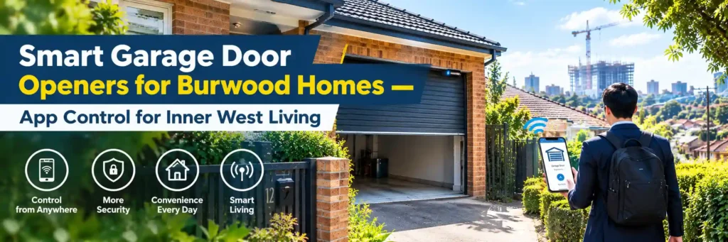 Smart garage door opener in Burwood with a commuter using a smartphone app to control a residential roller garage door.