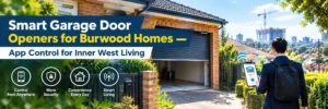 Smart garage door opener in Burwood with a commuter using a smartphone app to control a residential roller garage door.
